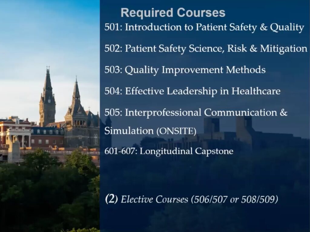 A recorded frame from the EMCQSL info session lists required courses for the master's program.