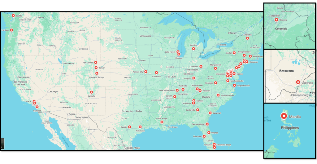 Dots on a map of where EMCQSL students are from